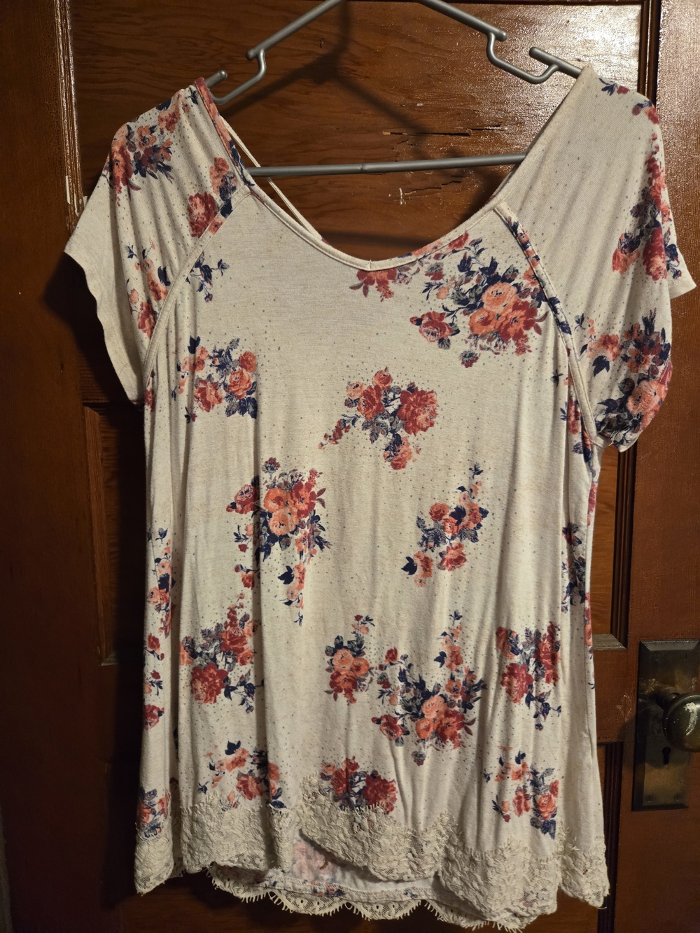 Floral Lace-Hem Short Sleeve Women’s Top - Cream with Coral Floral